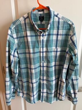J. Crew Men's Teal,Navy & White Plaid Button-Down Flex Washed Slim Untucked